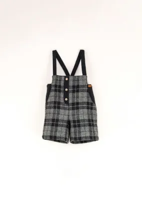 9.1-GREY CHECK WOOLEN SHORT DUNGAREES W/ STRAPS