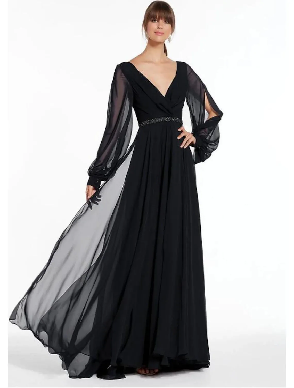 A-Line Evening Gown Empire Dress Holiday Floor Length Long Sleeve V Neck Chiffon V Back with Beading