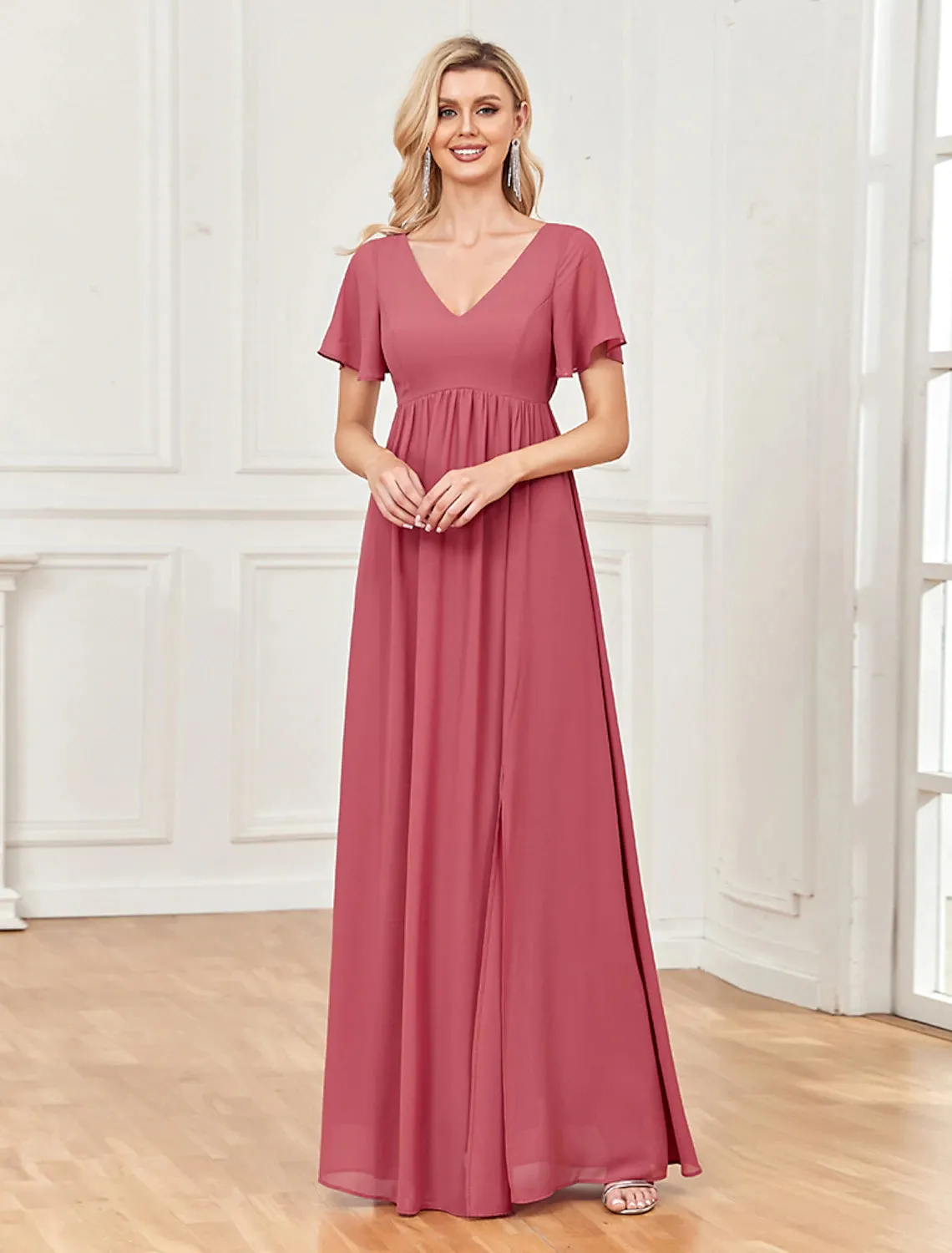 A-Line Evening Gown Empire Dress Party Wear Wedding Party Floor Length Short Sleeve V Neck Chiffon V Back with Slit