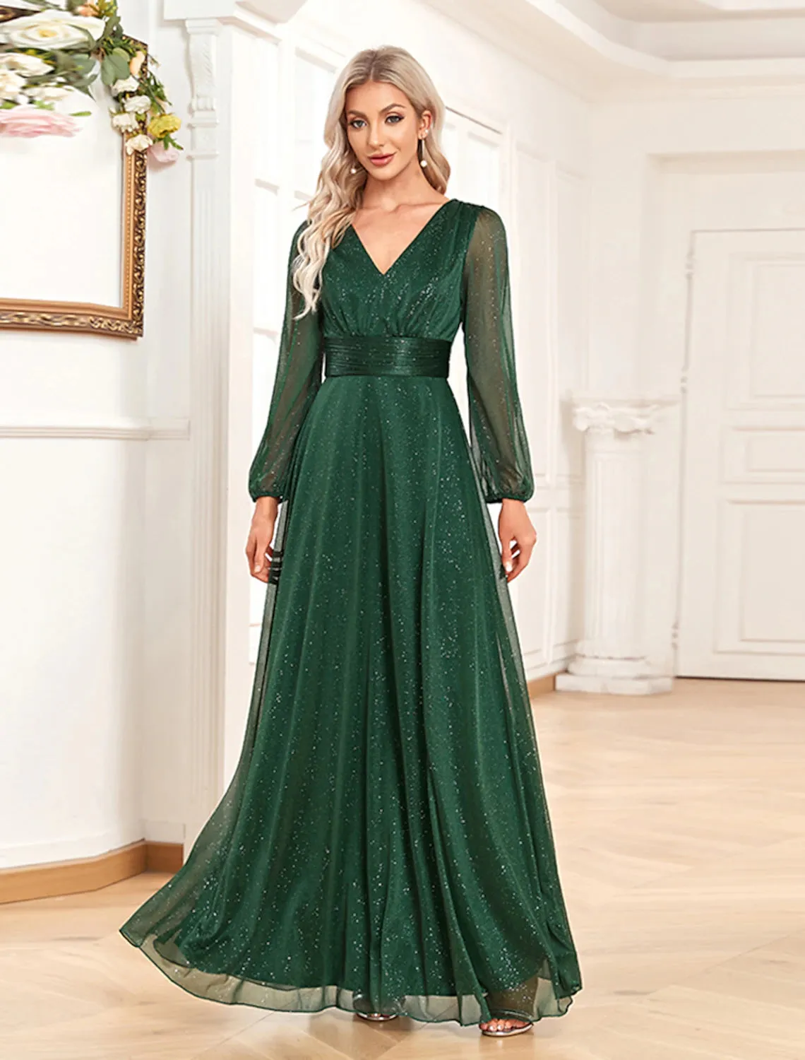 A-Line Evening Gown Sparkle & Shine Dress Formal Wedding Party Dress Floor Length Long Sleeve V Neck Chiffon with Sequin