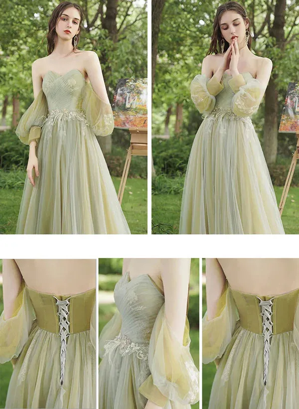 A-line Green Tulle Sweetheart Off Shoulder Prom Dress Long Evening Dress