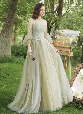 A-line Green Tulle Sweetheart Off Shoulder Prom Dress Long Evening Dress