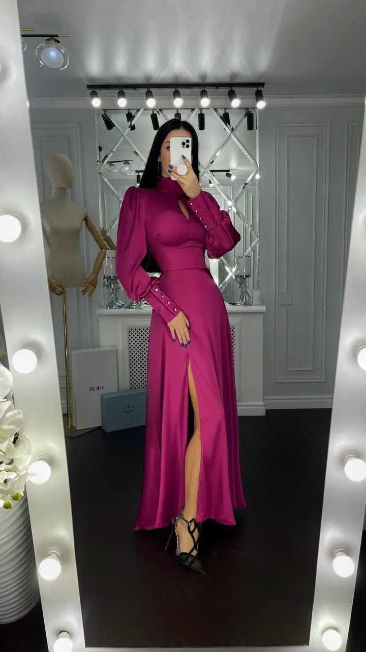 A-line Puff Sleeves Long Evening Dress With Split Y7015