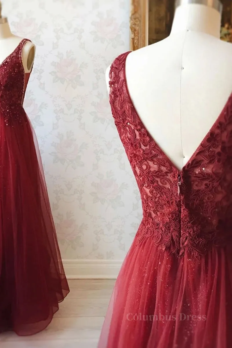 A Line V Neck and V Back Long Beading Lace Burgundy Prom Dress, Lace Burgundy Formal Graduation Evening Dress