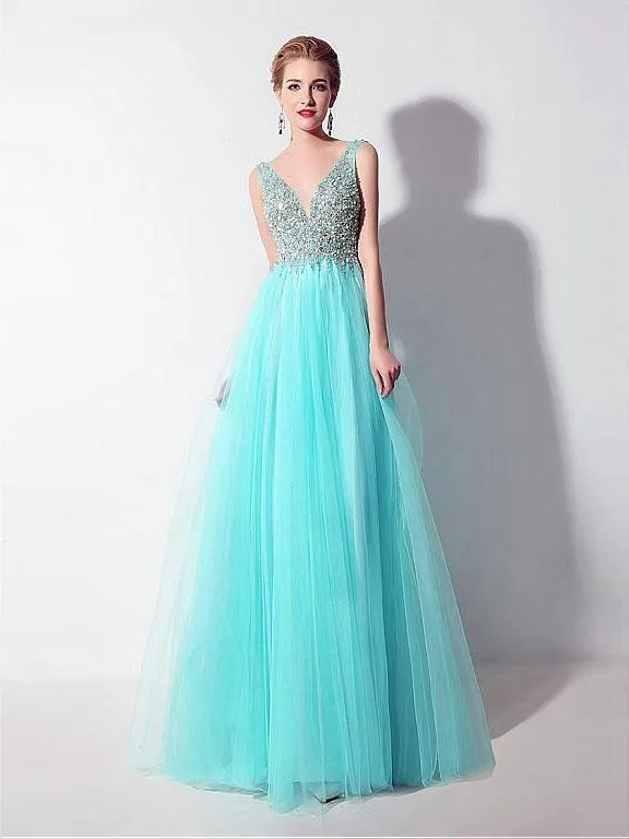 A-Line V-neck Floor-Length Tulle Beaded Sequined  Evening Dress 3100