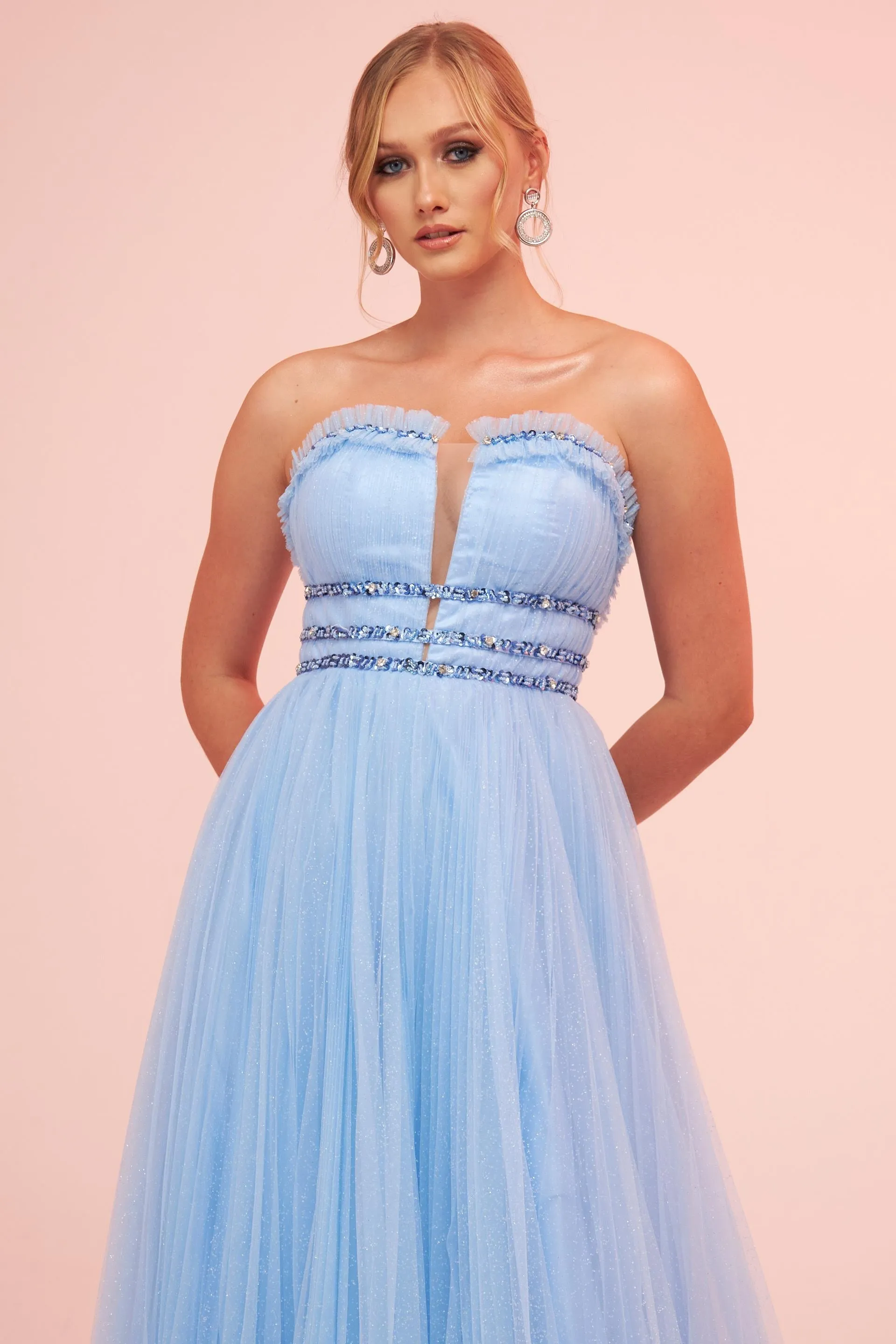 Angelino Blue Strapless Backless Tulle Engagement Dress