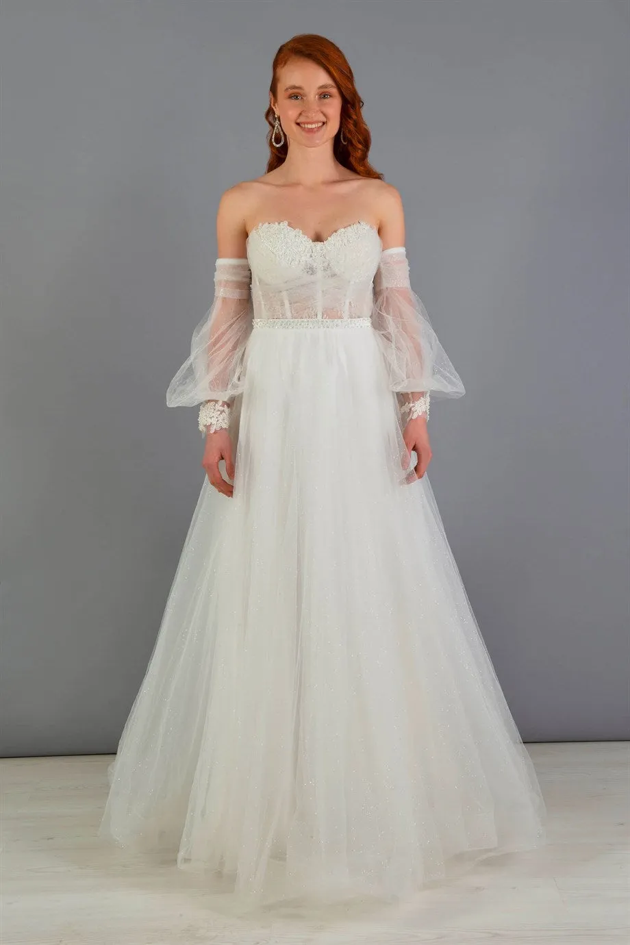 Angelino Ecru Tulle Low Sleeve Engagement Evening Dress