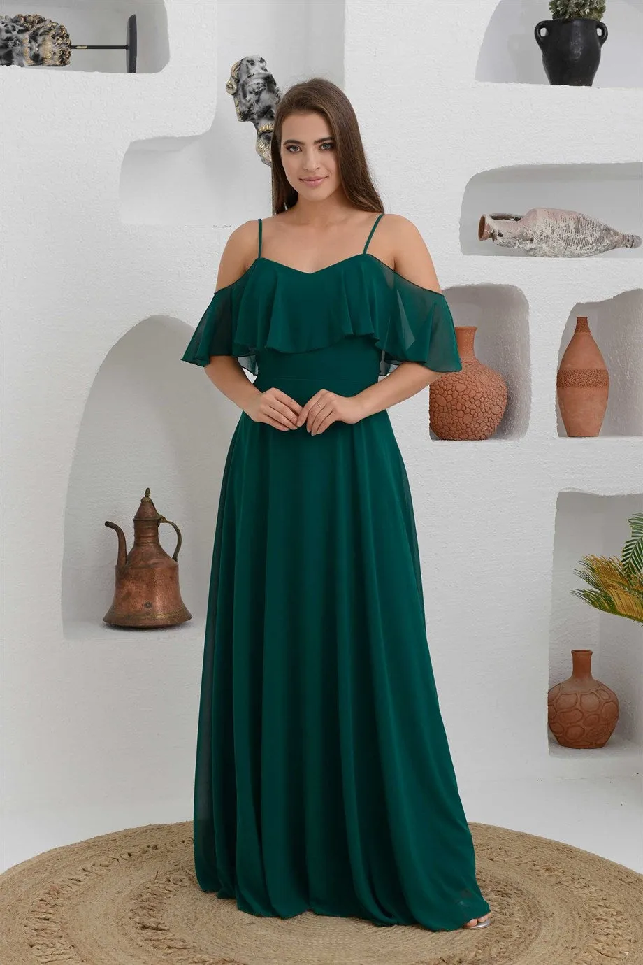 Angelino Emerald Long Evening Dress with Low Sleeve Strap