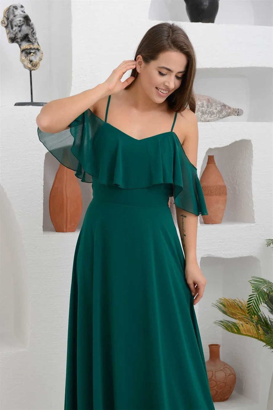 Angelino Emerald Long Evening Dress with Low Sleeve Strap