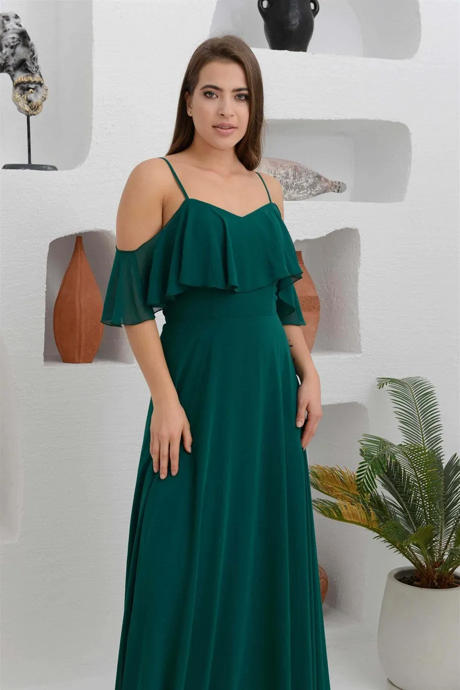 Angelino Emerald Long Evening Dress with Low Sleeve Strap