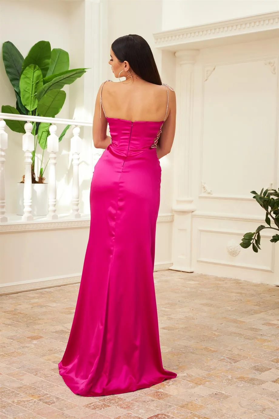 Angelino Fuchsia Satin Tied Long Evening Dress and Invitation Dress