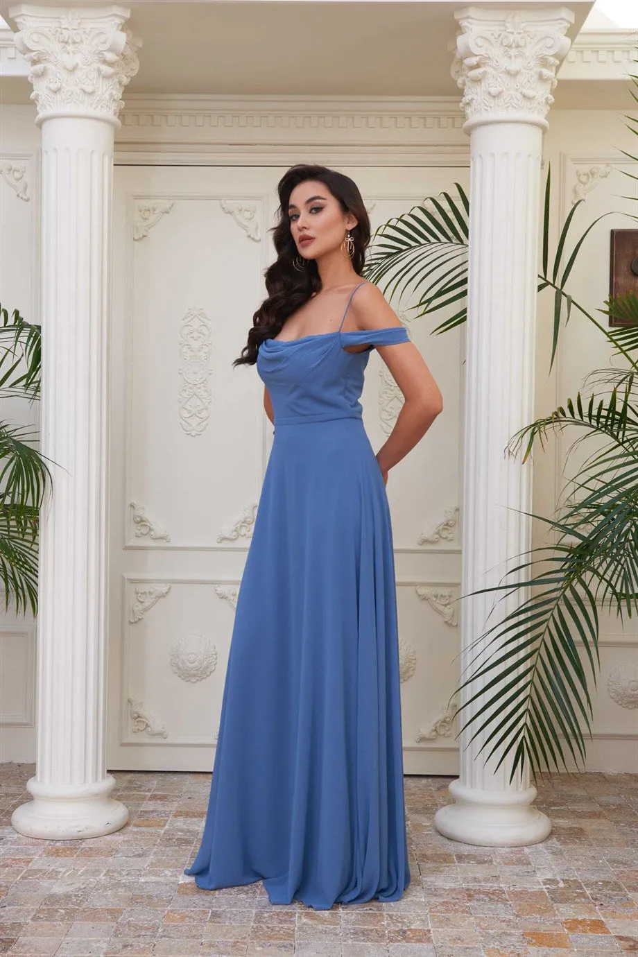 Angelino indigo chiffon low arm long evening dress dress