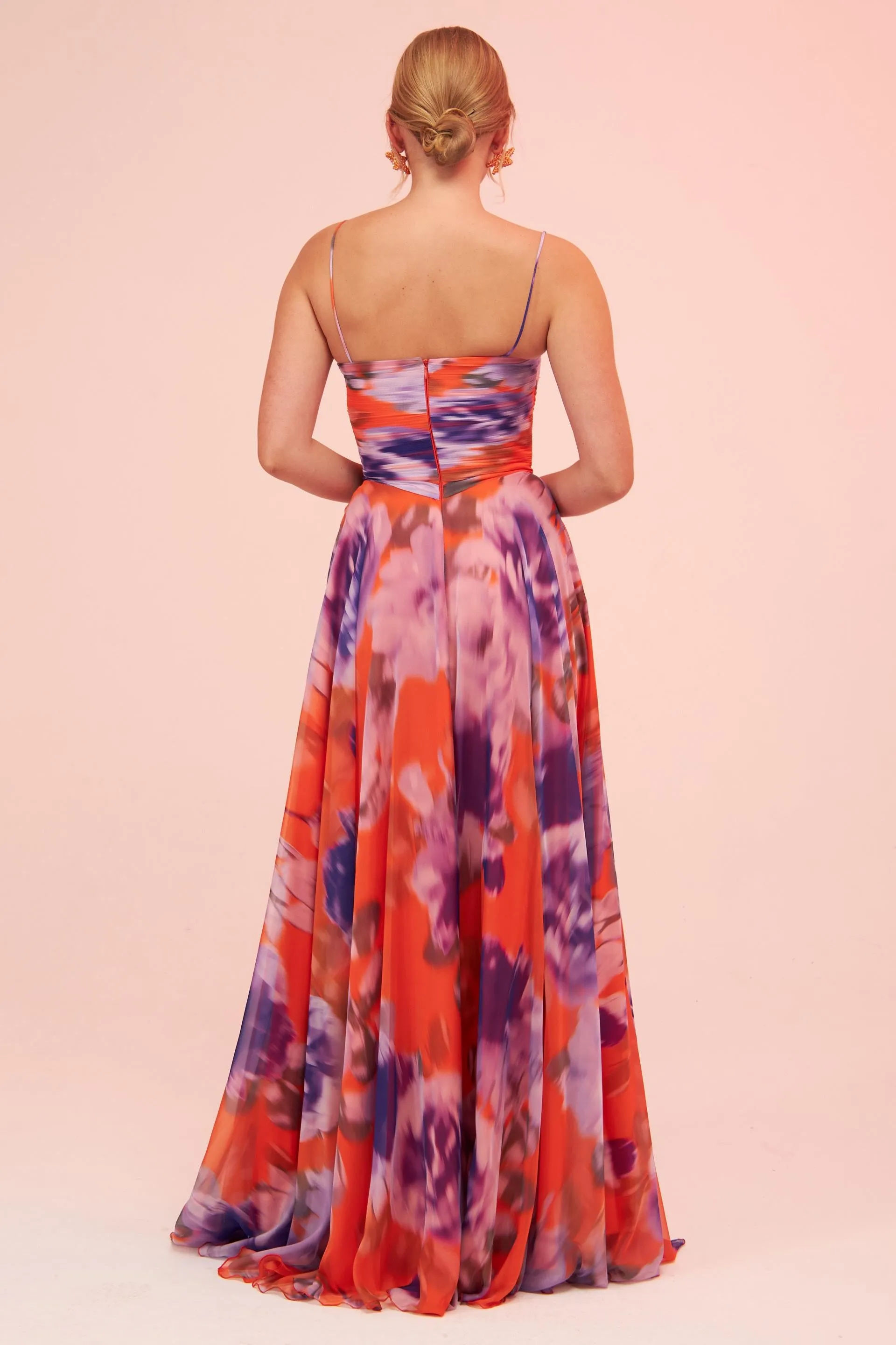 Angelino Orange Strap Slit Printed Evening Dress