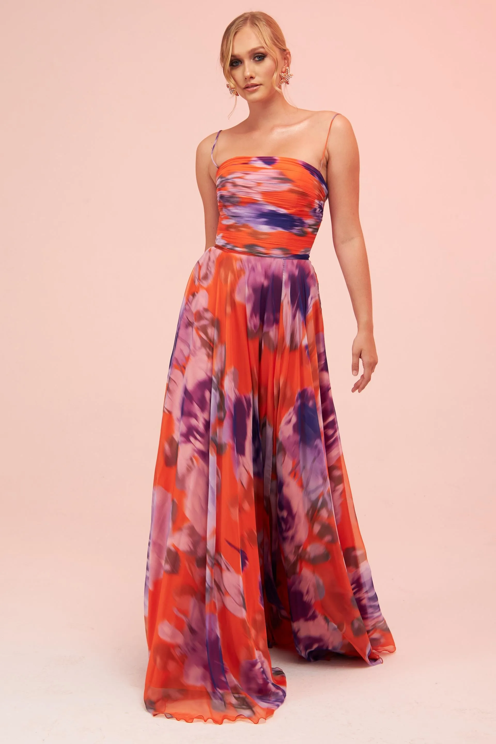 Angelino Orange Strap Slit Printed Evening Dress