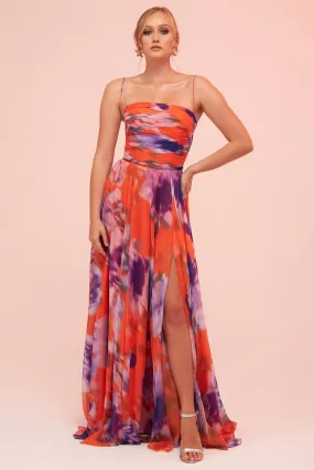 Angelino Orange Strap Slit Printed Evening Dress