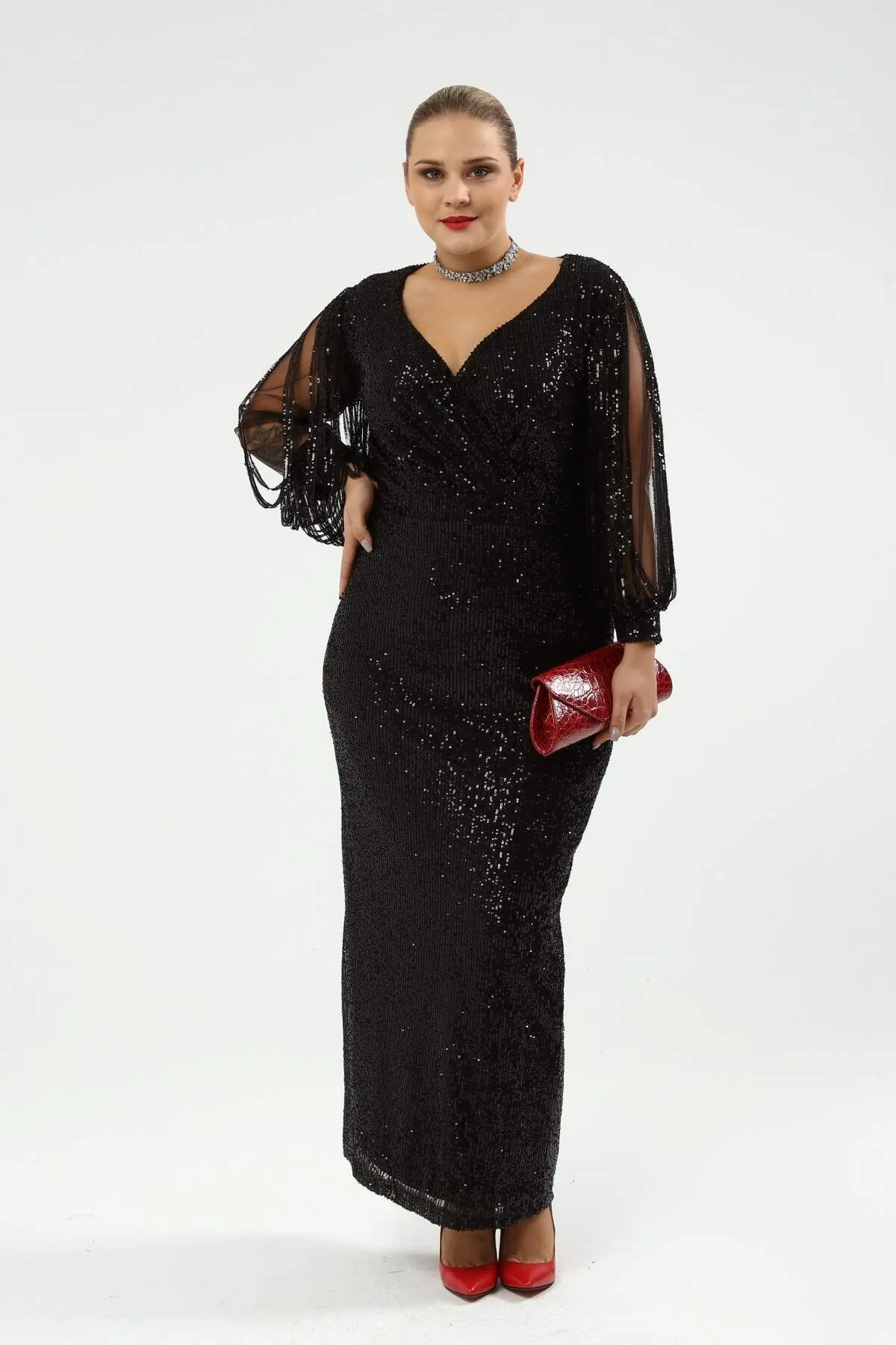 Angelino Plus Size Sleeves Fringed Long Sequined Evening Dress Black 8035