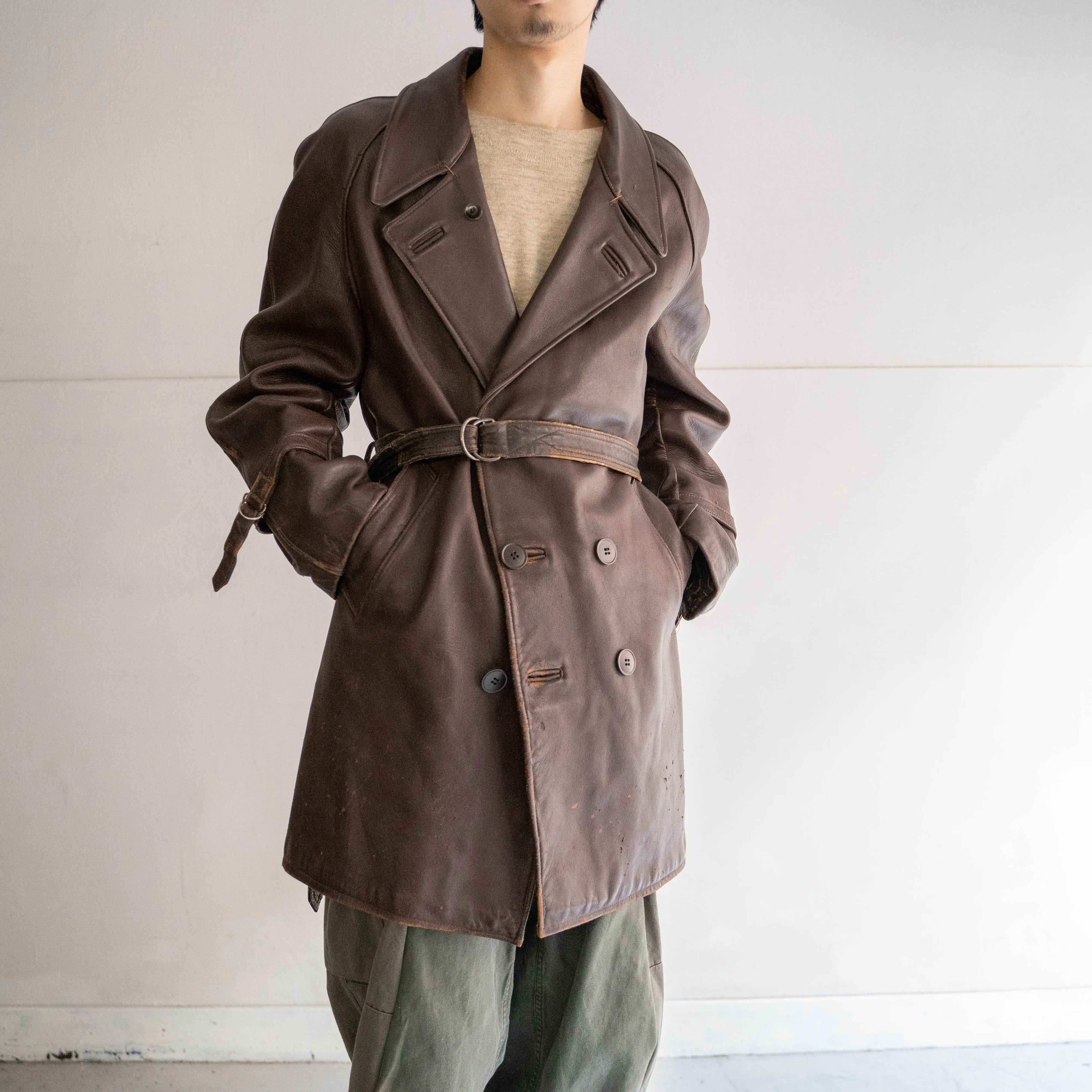 around 1950s France brown leather double breasted coat with belt