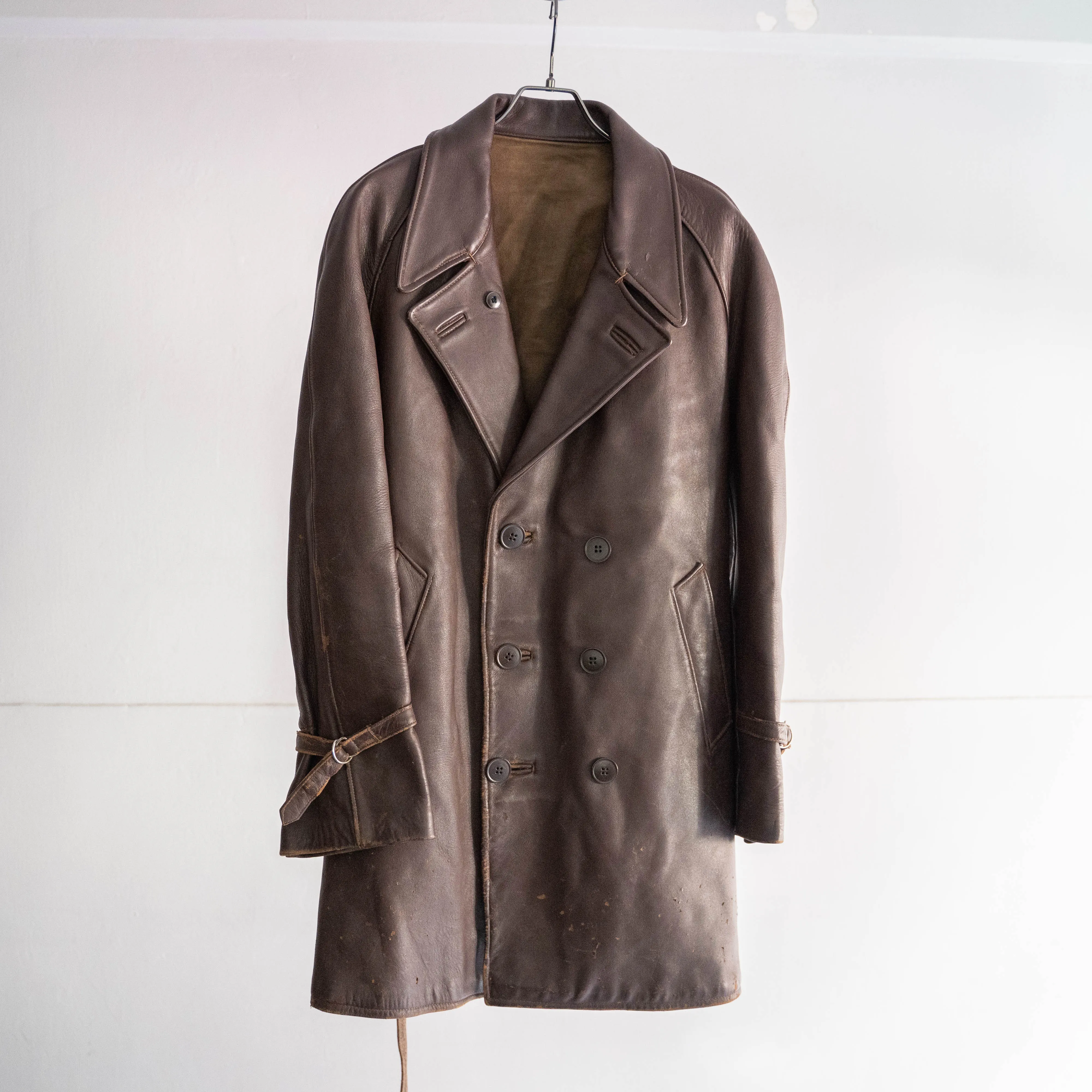 around 1950s France brown leather double breasted coat with belt