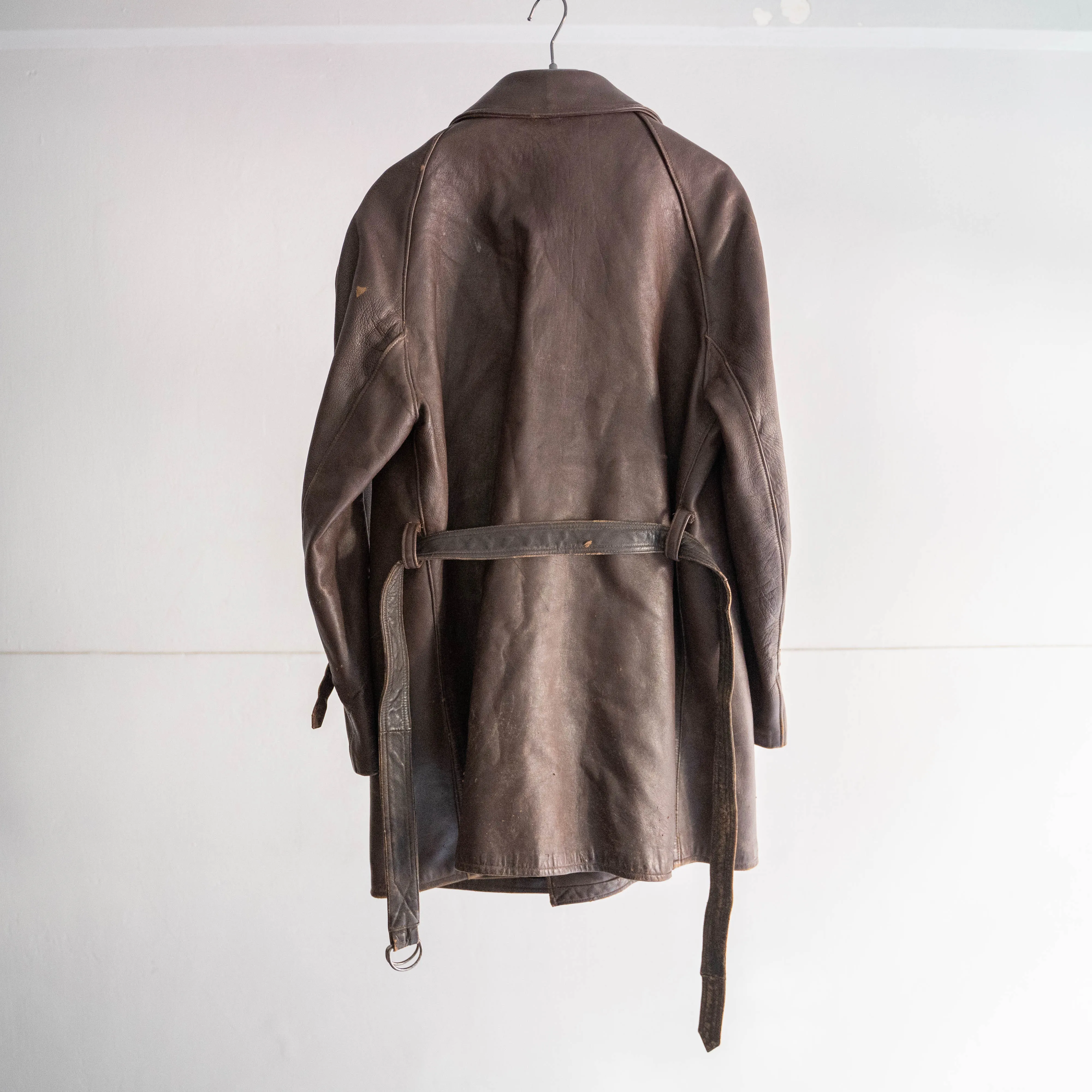 around 1950s France brown leather double breasted coat with belt