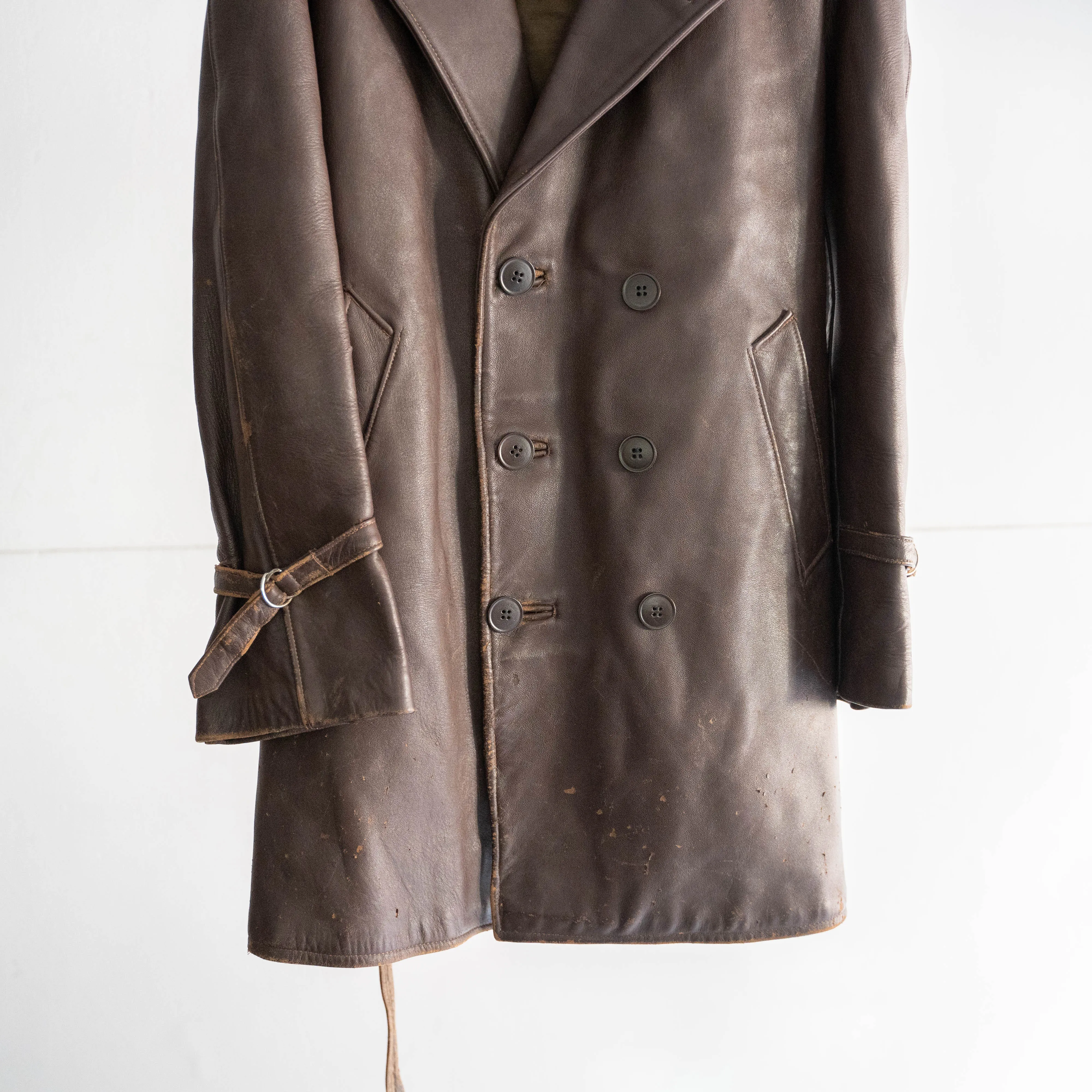 around 1950s France brown leather double breasted coat with belt