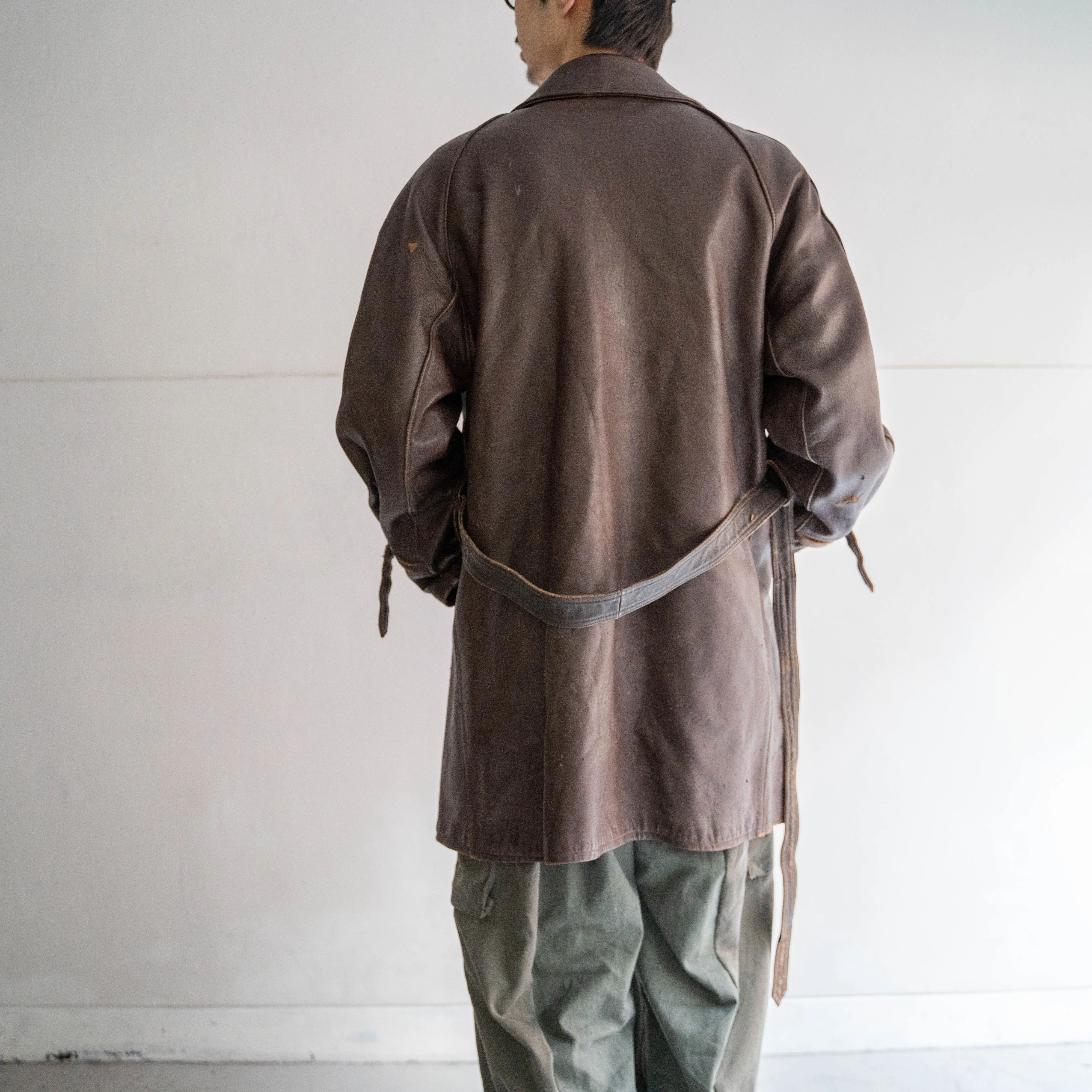 around 1950s France brown leather double breasted coat with belt