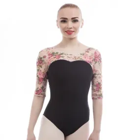 #B0020 Adult Ballet Leotard Black cotton Floral Mesh Sleeves...Ballet- Lyrical-Gymnastics- Calisthenics