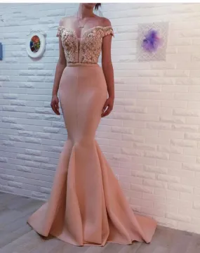 beaded top mermaid evening dresses long off the shoulder crystals pink elegant evening gown formal dress