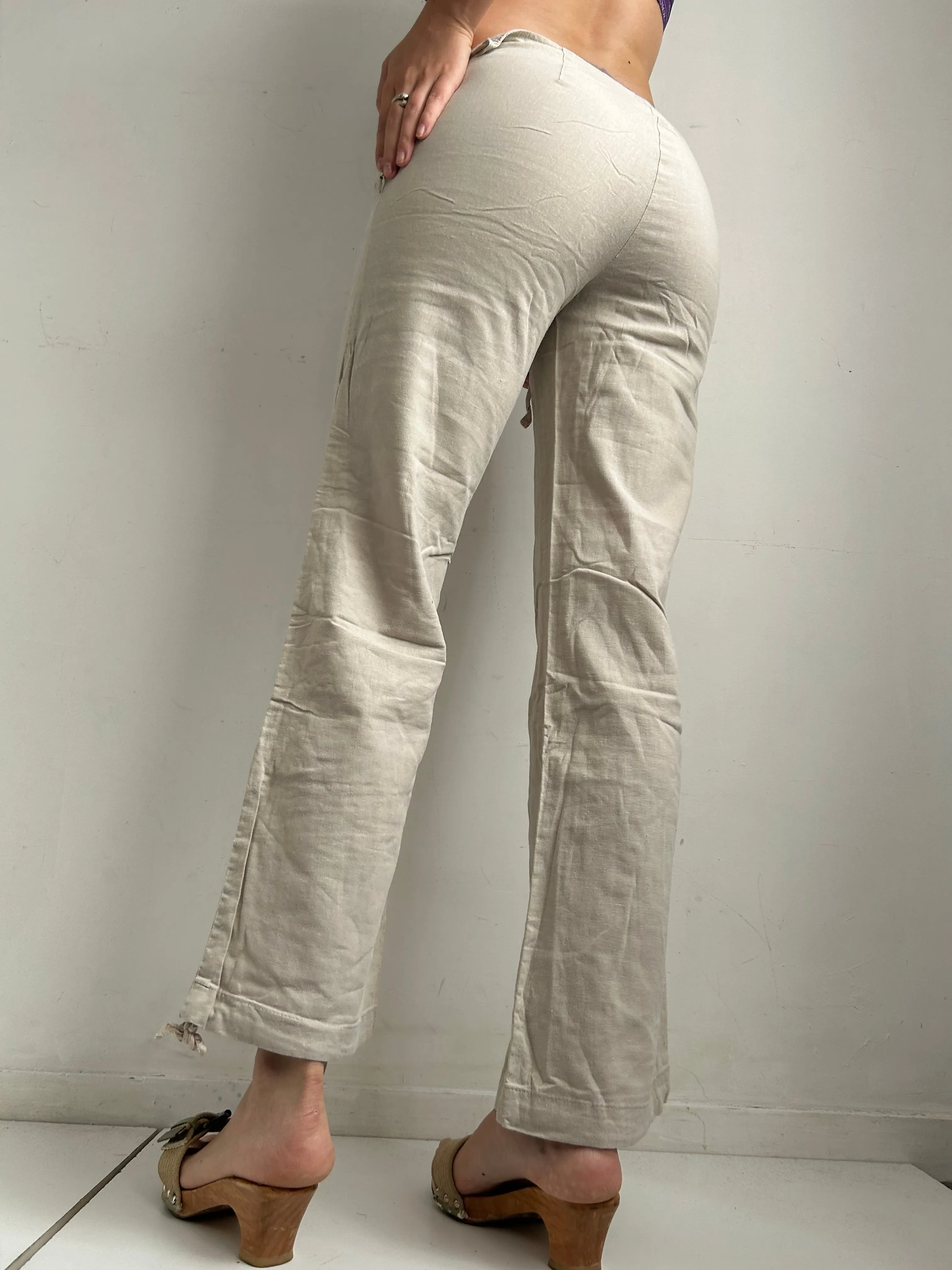 Beige baggy large low rise linen pants (XS)