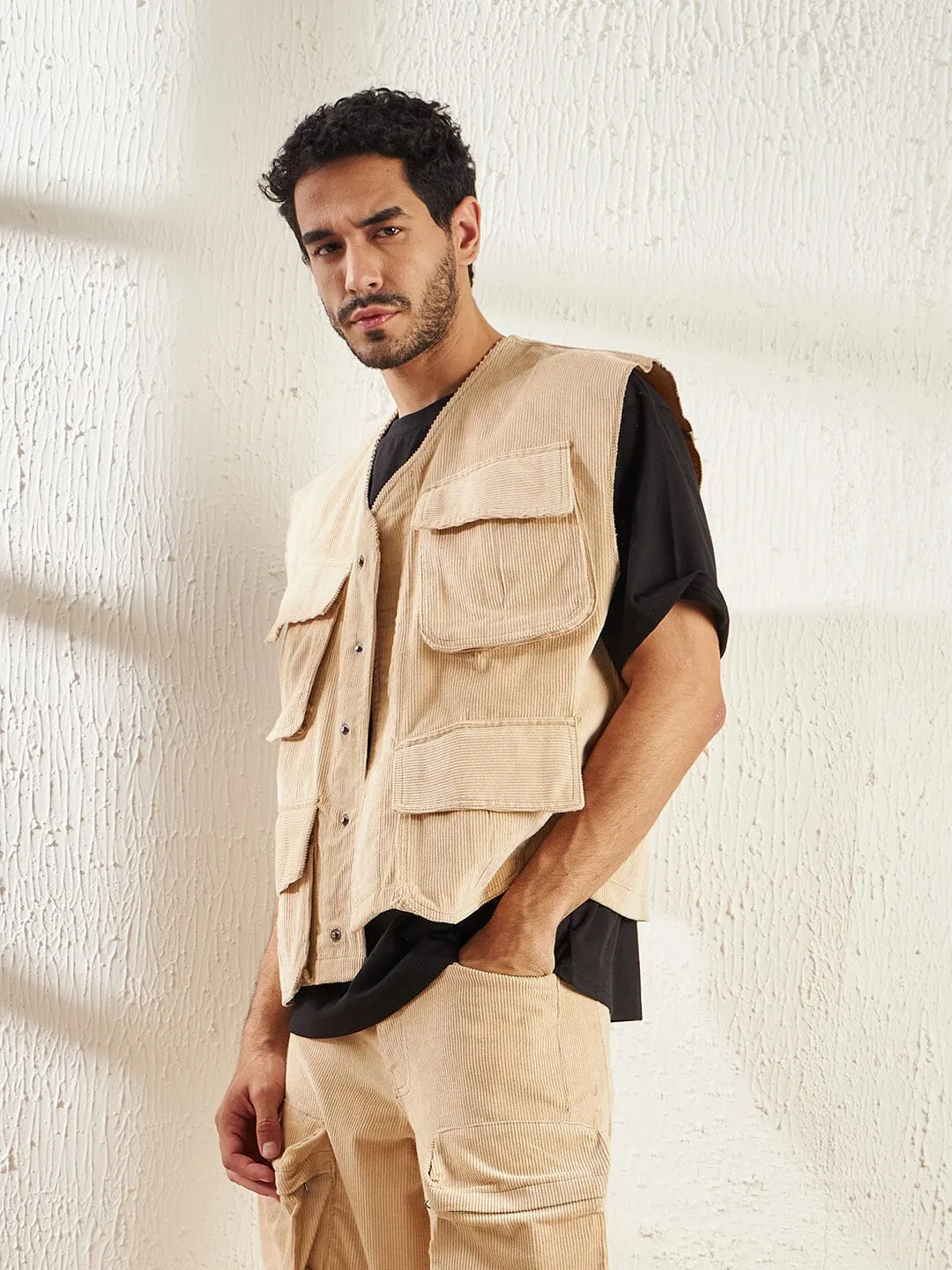 Beige Cord Baggy Sleeveless Jacket