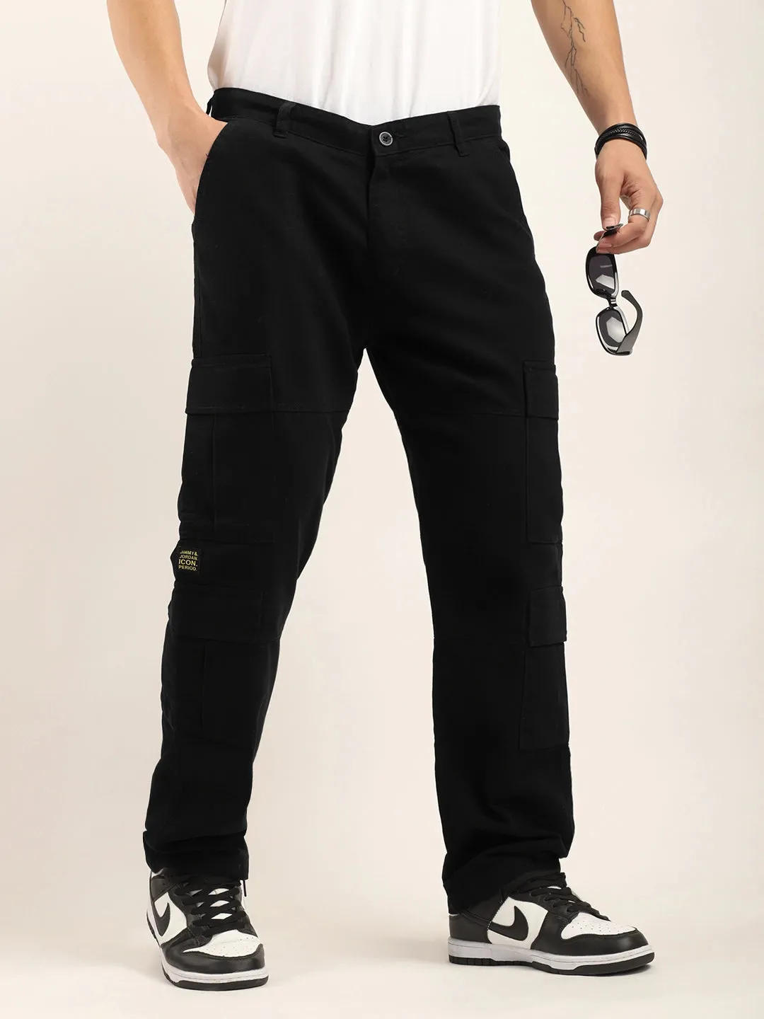 Black Cotton Drill Baggy Fit 8 pocket Cargo