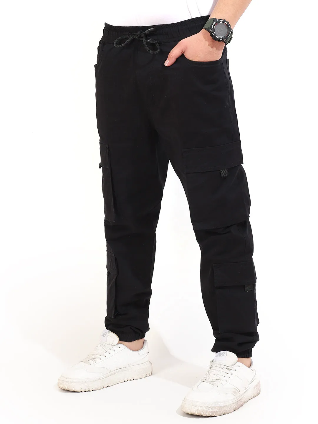 Black Cotton Twill Baggy Fit 8 Pocket Cotton Cargo