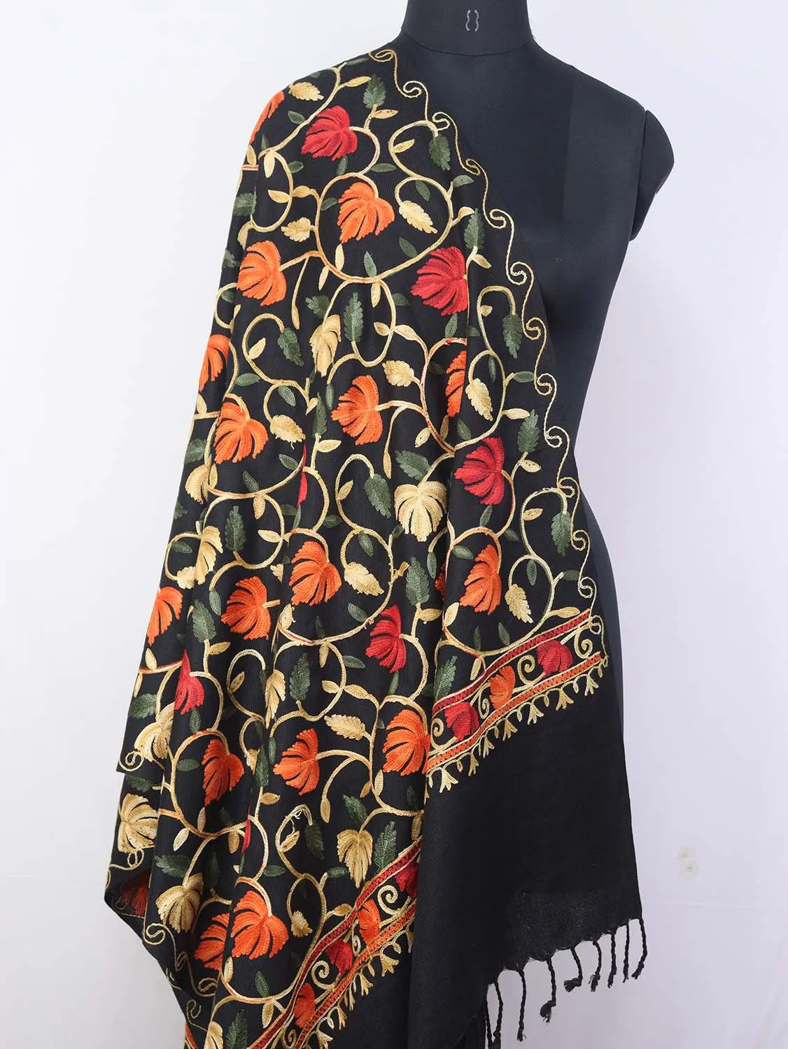 Black Embroidered Kashmiri Aari Work Woollen Stole