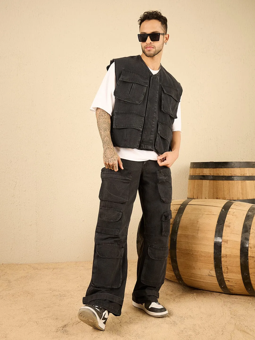 Black Wash Denim Utility Sleeveless Jacket