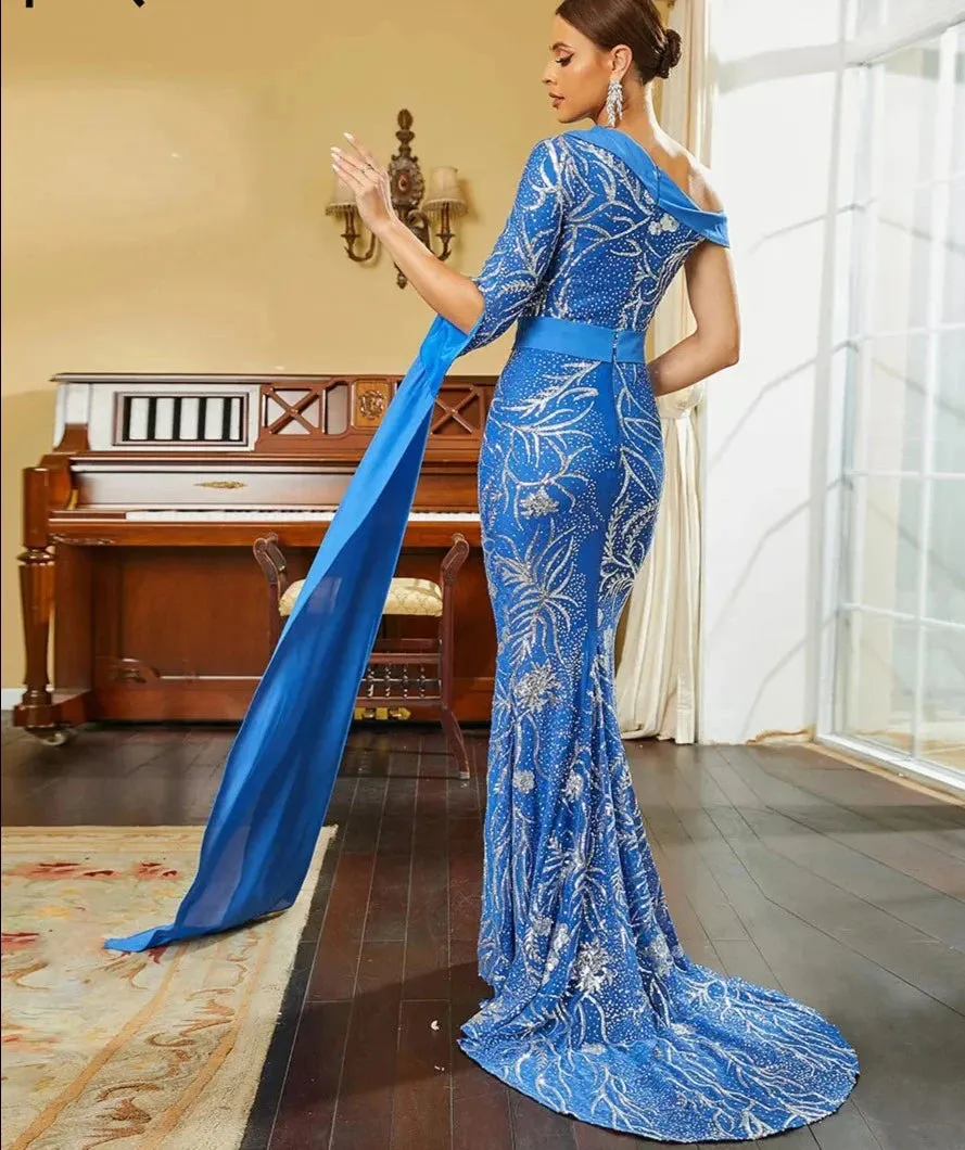 Blue One Shoulder Silver Sequins Mermaid Evening Dress