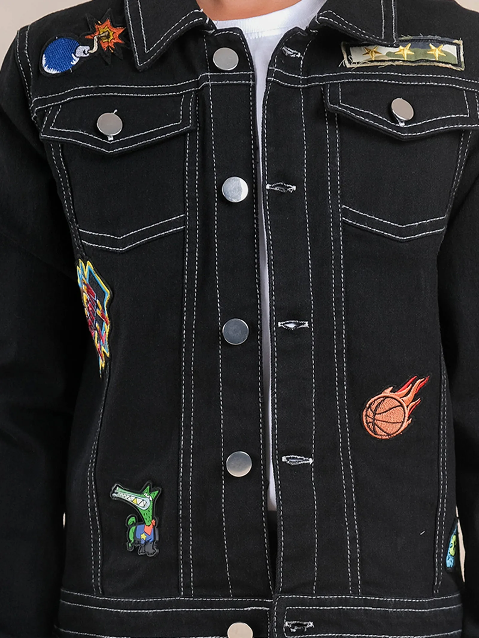 Boys Full Sleeves Solid Denim Jacket With Badge