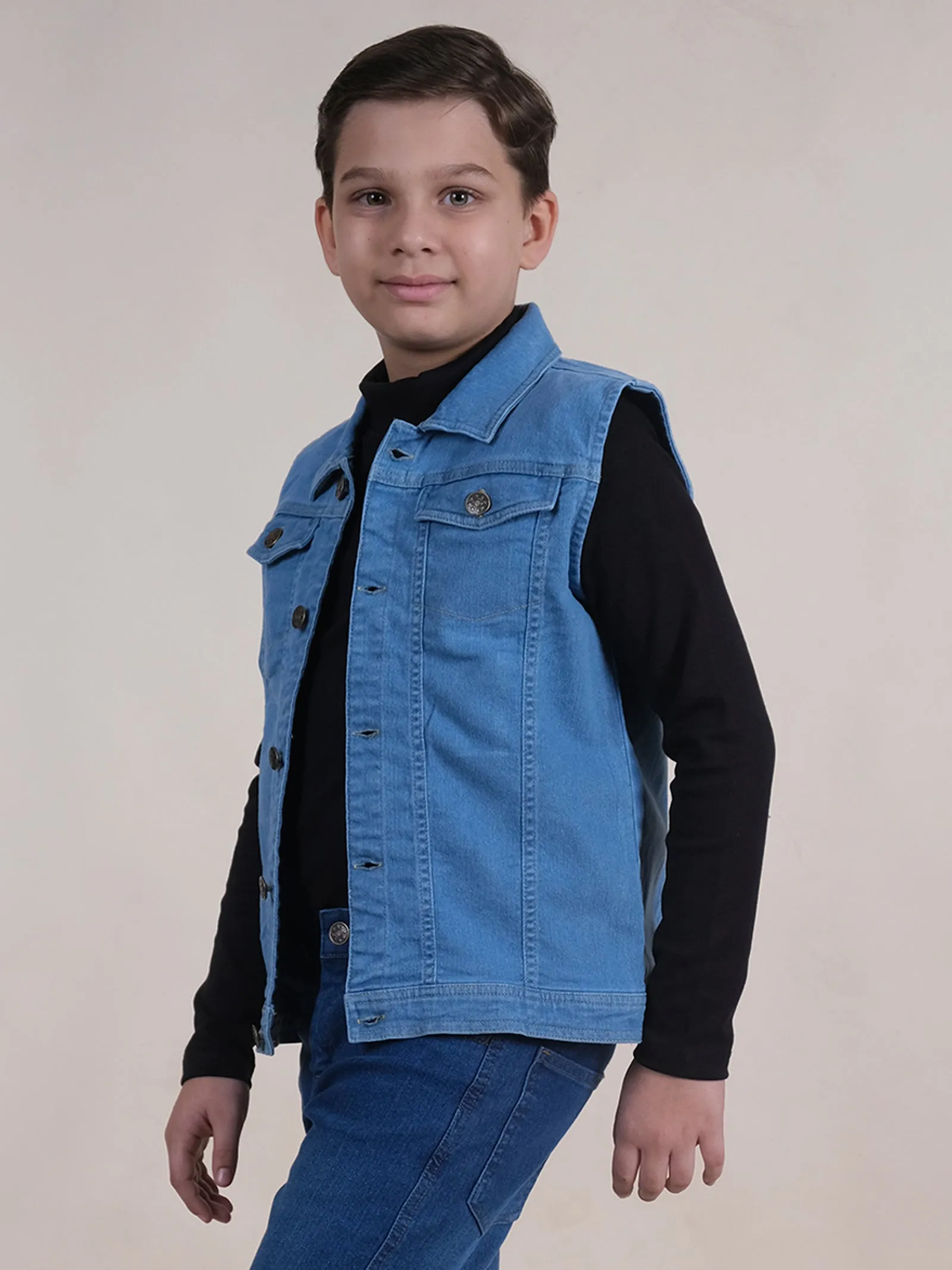 Boys Sleeveless Solid Denim Jacket