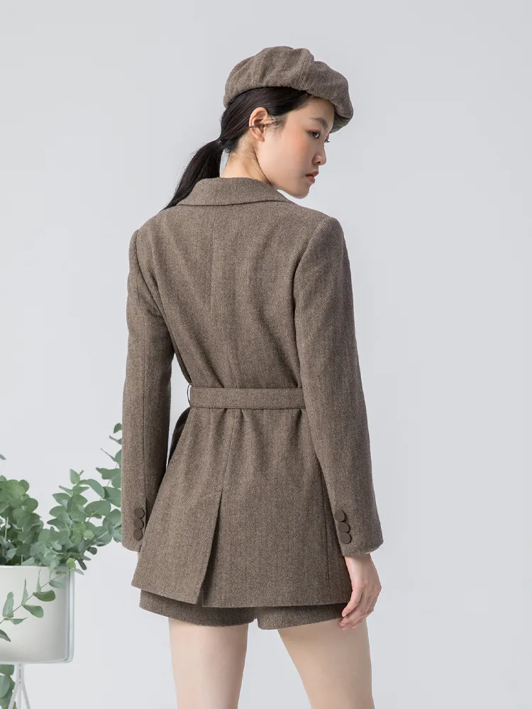 Brown Washable Woolen Sheath Gathered Waist Blazer