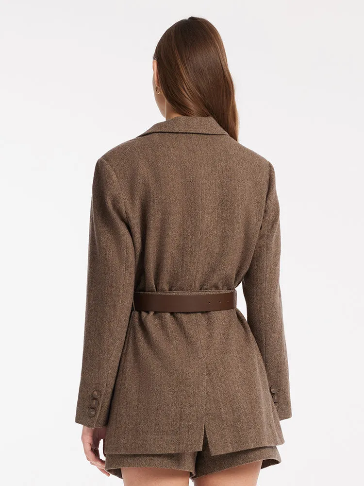 Brown Washable Woolen Sheath Gathered Waist Blazer