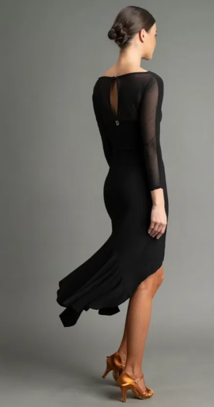 Chrisanne Clover KIRA Black Latin Practice Dress with Sheer Stretch Net Center Panel and Keyhole Back PRA 1059 in Stock