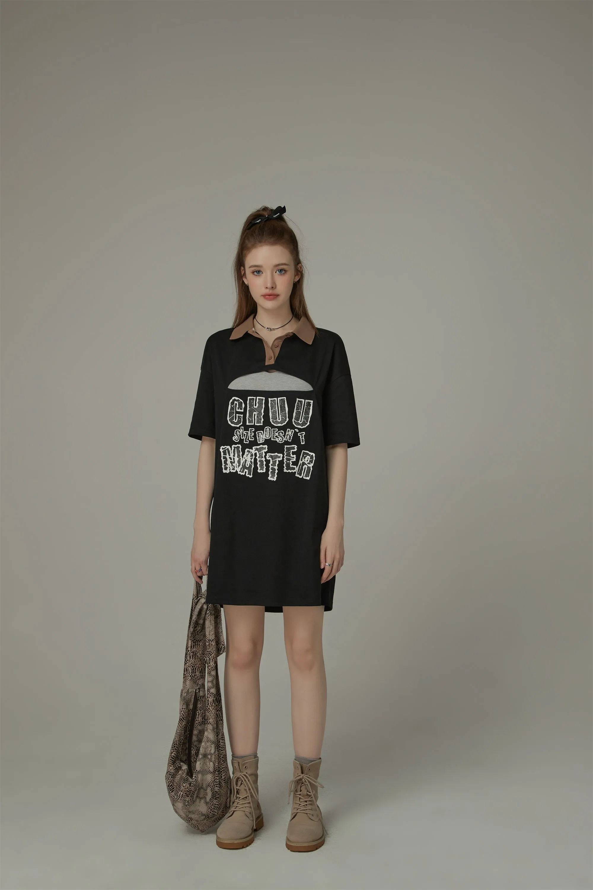 Chuu Size Doesnt Matter Front Cut Out Polo Neck T-Shirt Dress