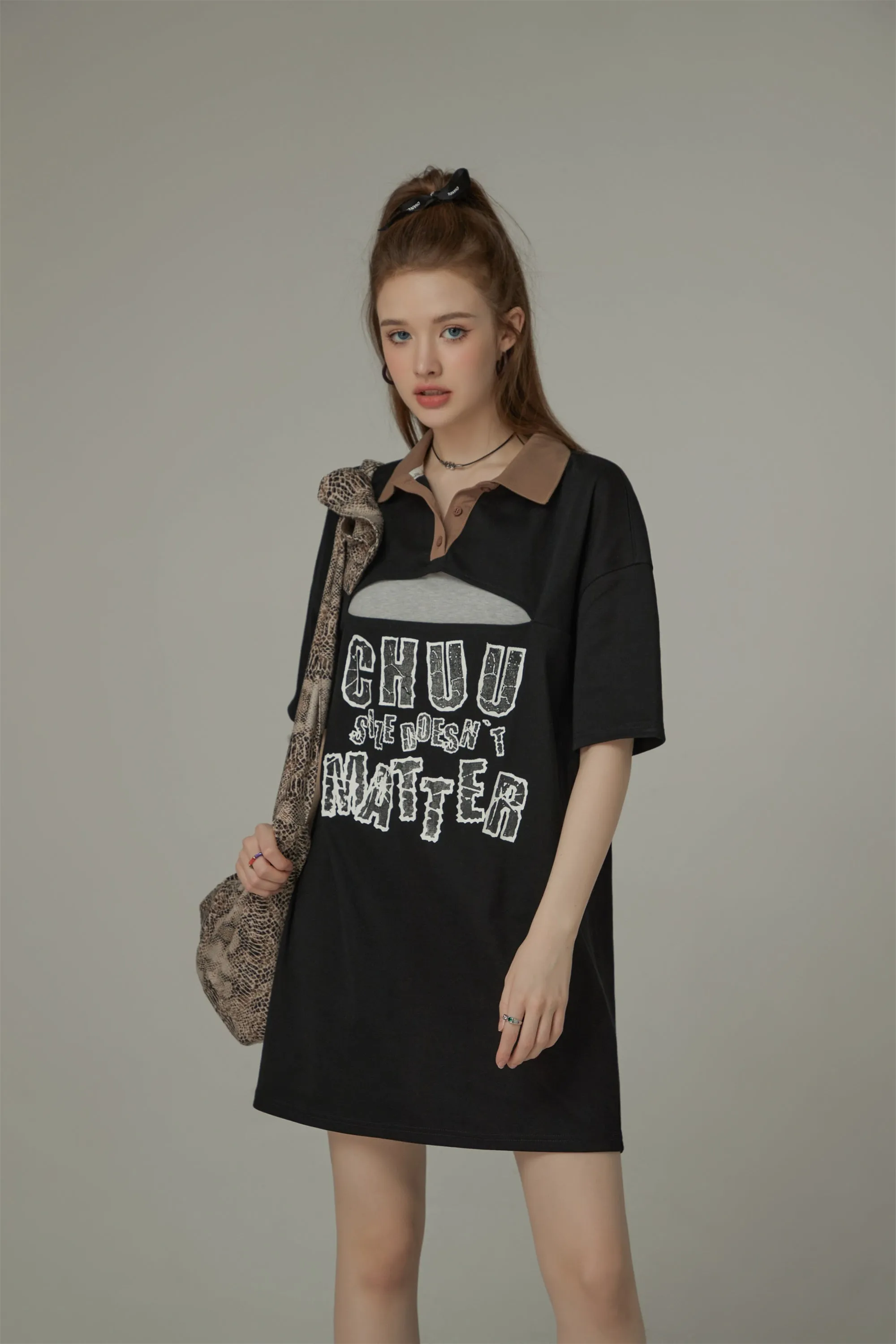 Chuu Size Doesnt Matter Front Cut Out Polo Neck T-Shirt Dress