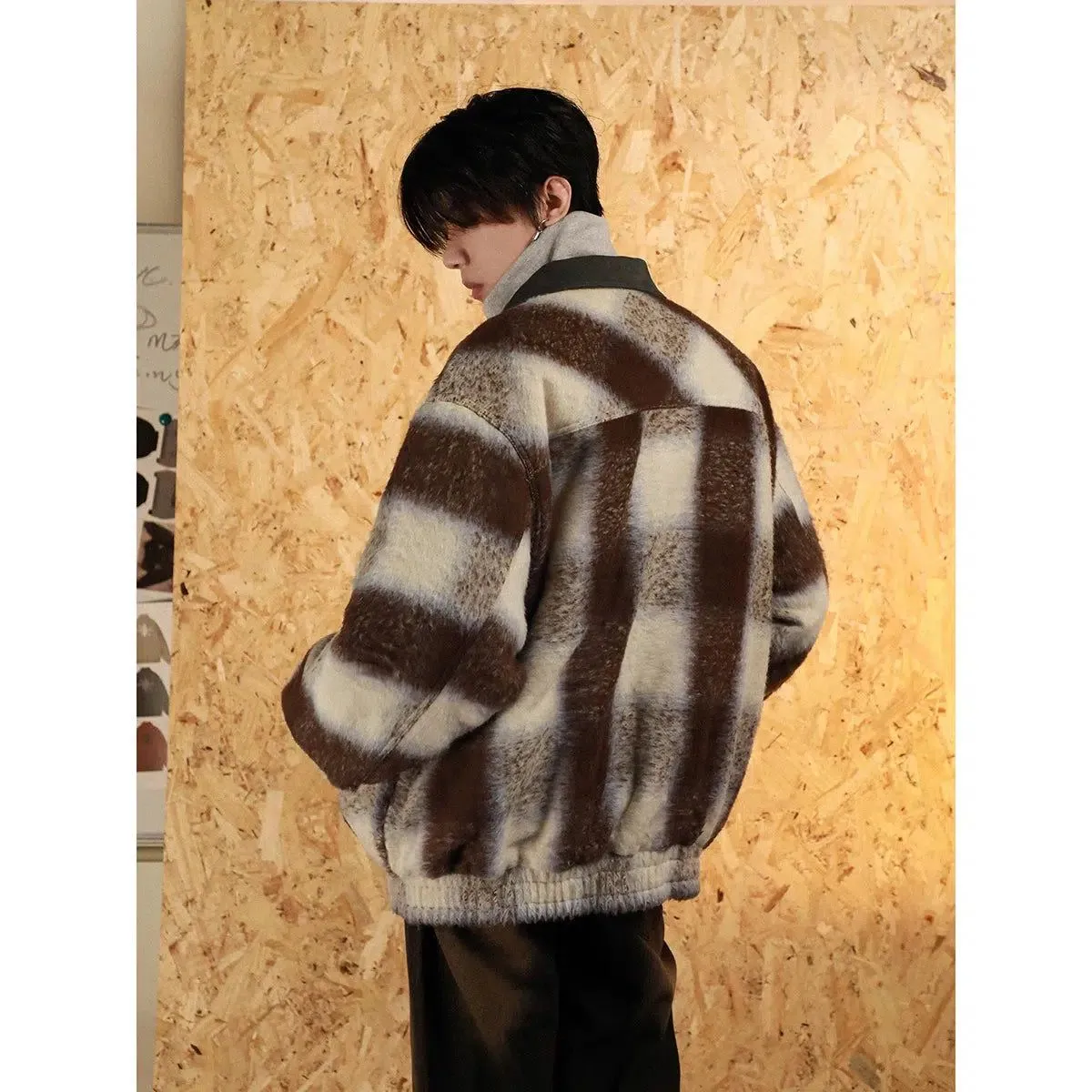 Collared Plaid Fur Jacket