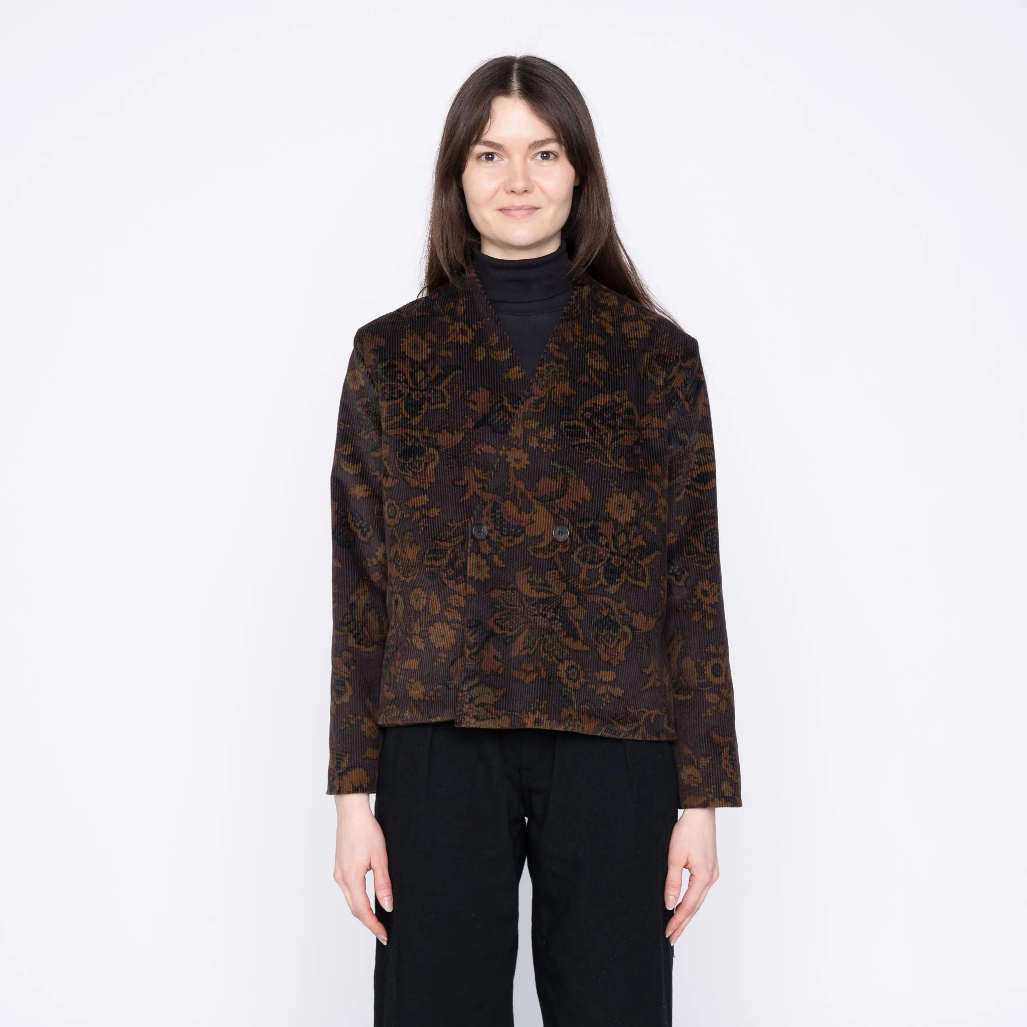 Collarless Jacket  - Paisley Corduroy  - Brown