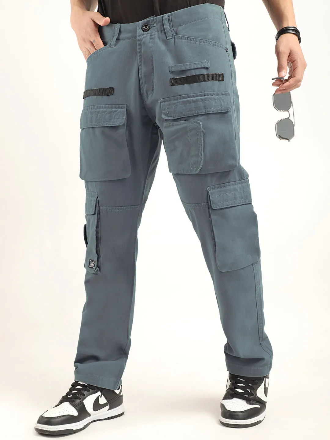 Sky Blue Multi-Pocket Cargo Pants with Enhanced Security Features