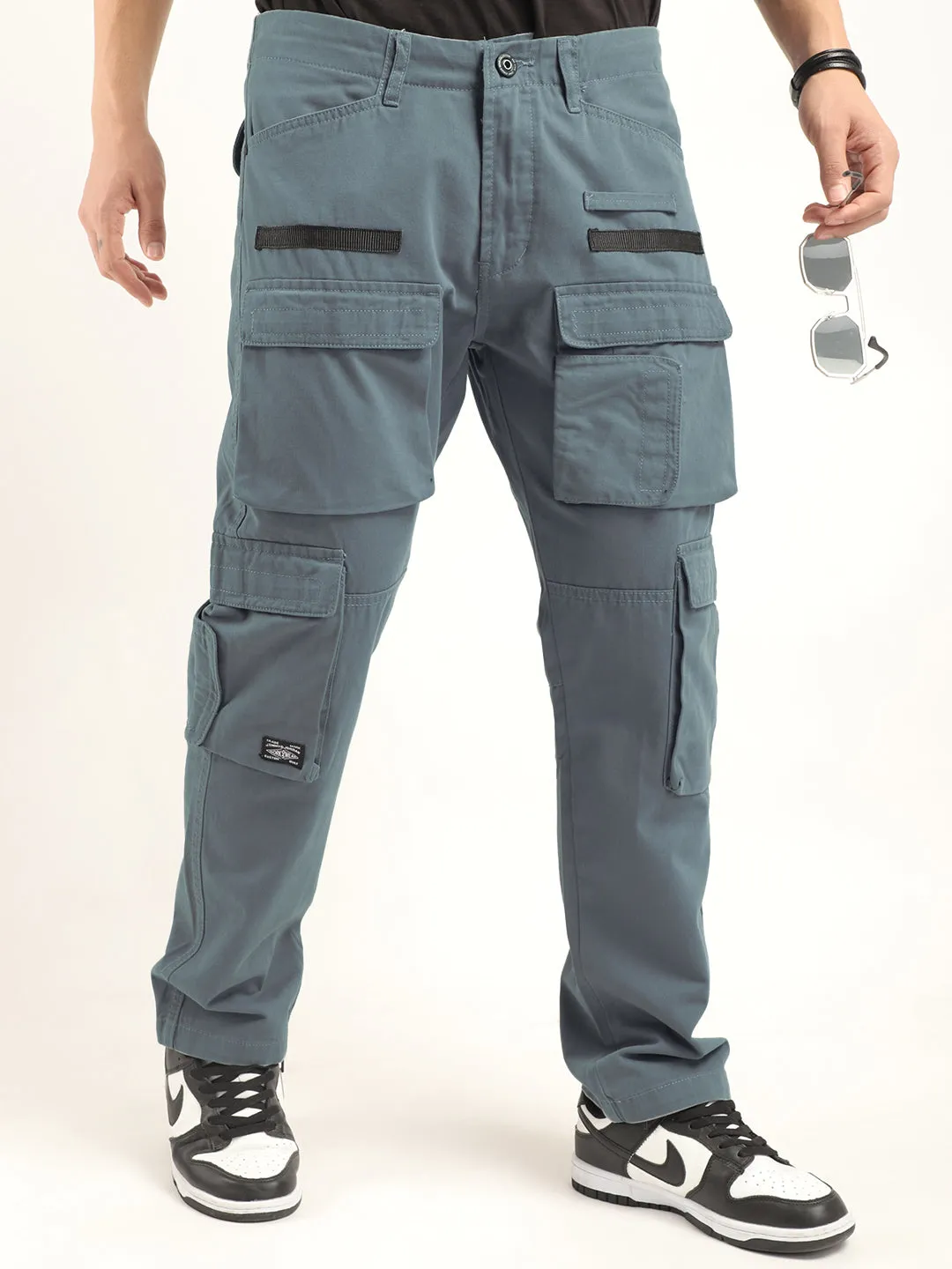 Sky Blue Multi-Pocket Cargo Pants with Enhanced Security Features