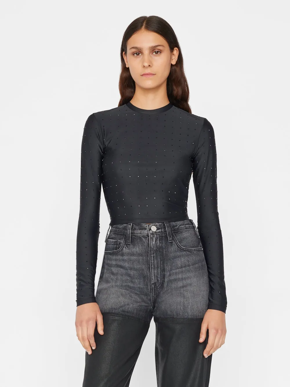 Cropped Long Sleeve Rhinestone Top ~ Noir