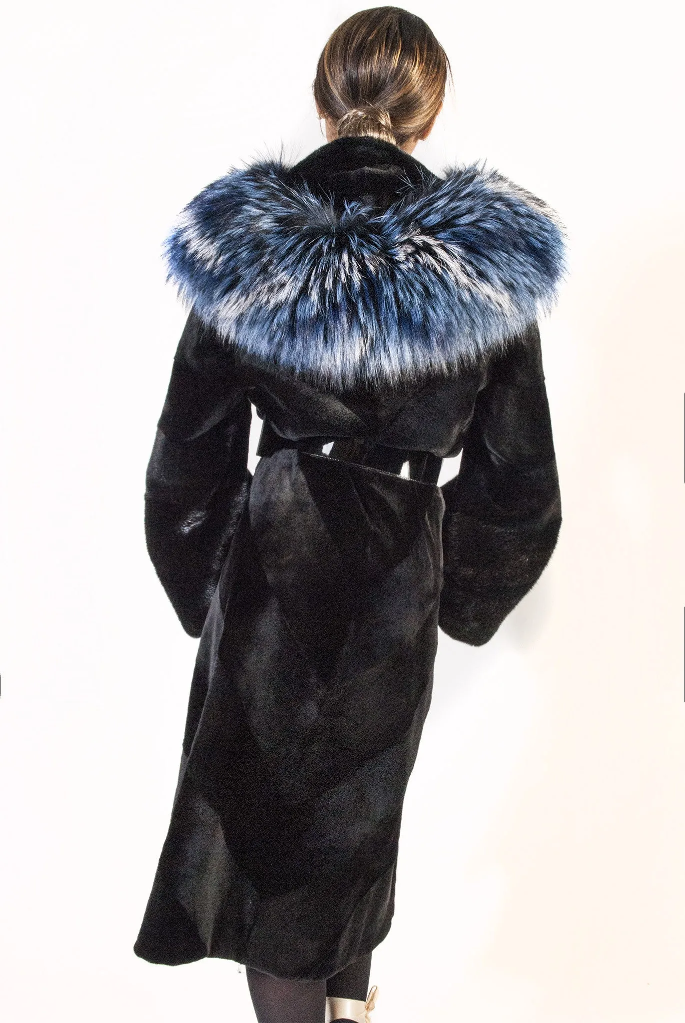 Diagonal Sheared Mink Full Length Coat with Blue Silver Fox Collar