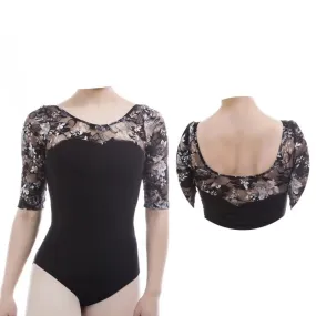 #DL0020Adult Ballet Leotard Black Cotton Lycra with 3/4 Floral Mesh Sleeve