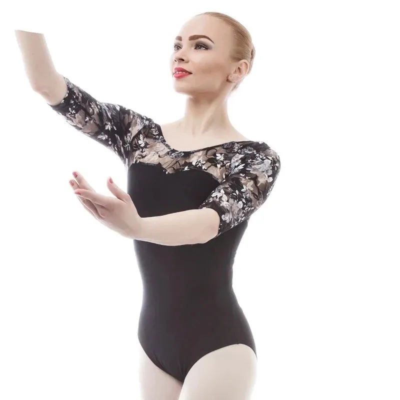 #DL0020Adult Ballet Leotard Black Cotton Lycra with 3/4 Floral Mesh Sleeve