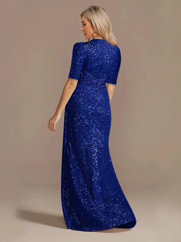 Elegant Floor Length V-Neck Sequin Evening Party Dress